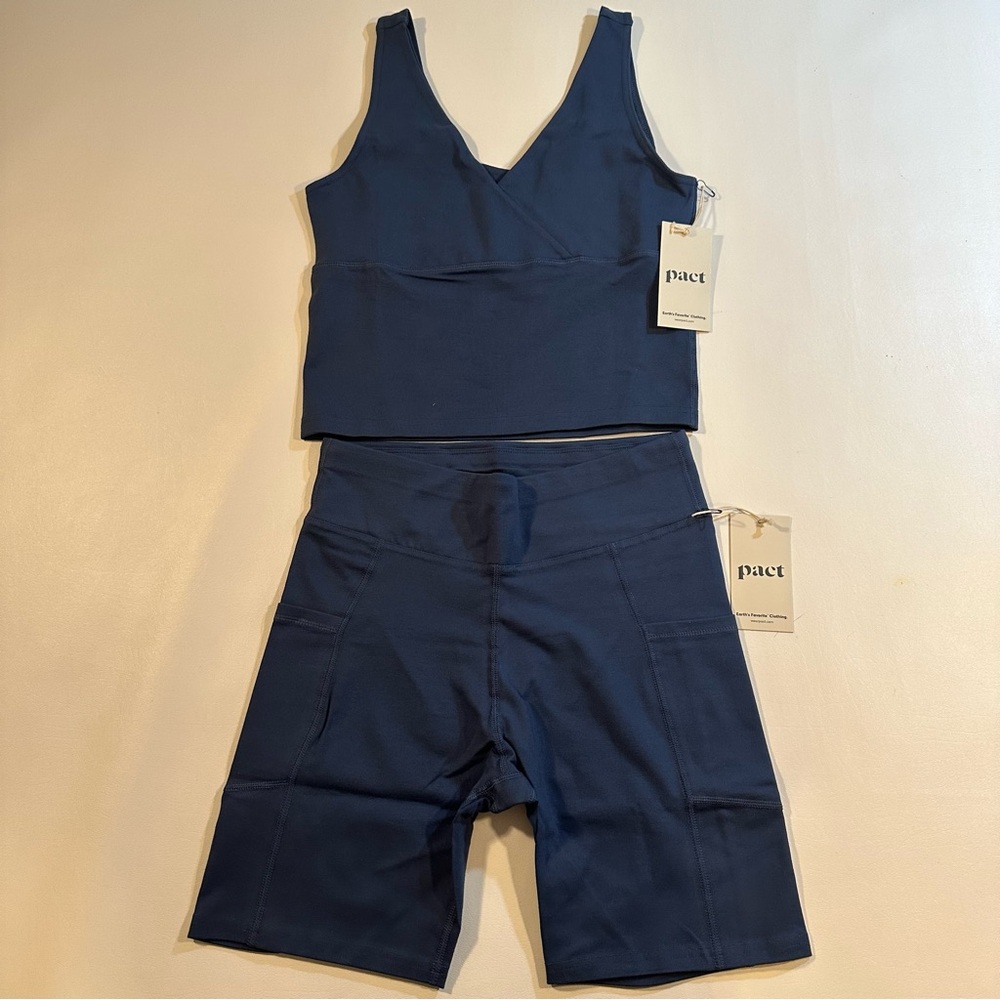 NWT Pact French Navy Organic Cotton 2-Piece SET Biker Shorts & Crop Top